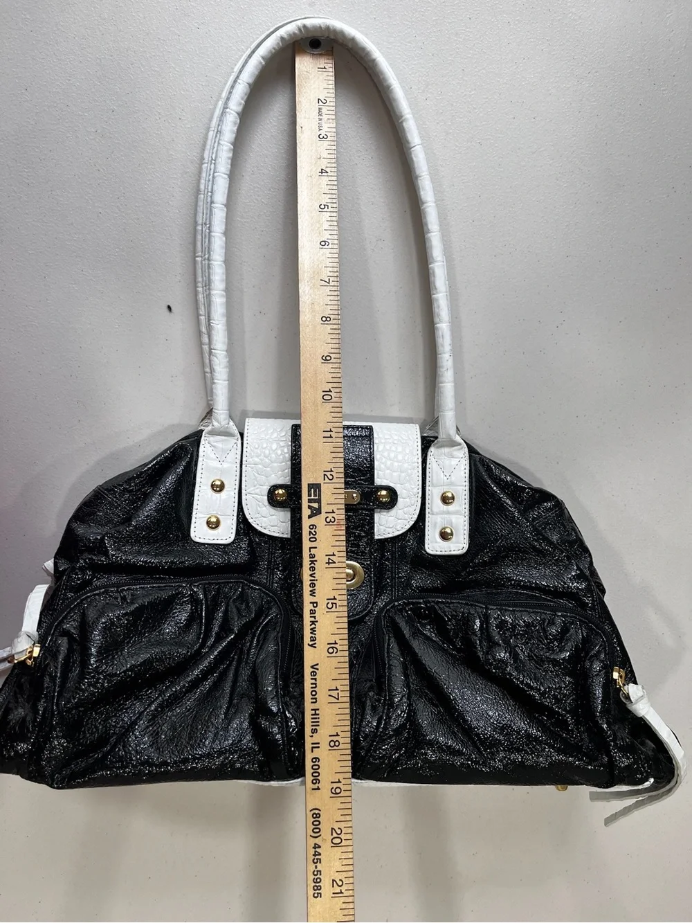 Sharif Studio Black White Faux Croc Patent Large Satchel Bag w/ Gold Hardware